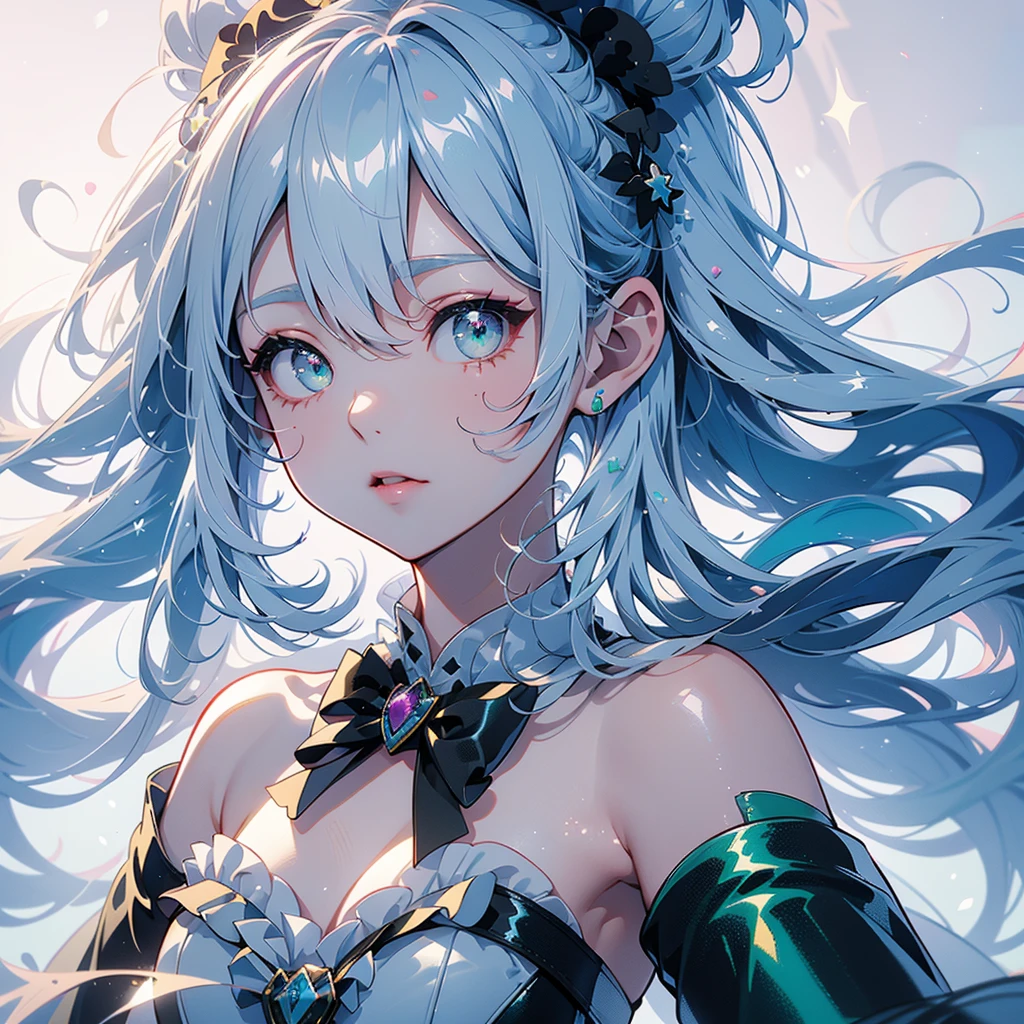  one girl playing pranks、Character design front、Front view、Delicate line hair、(((Super fine、Best Quality、masterpiece)))、original cute hairstyle 、 milk white and blue hair color 、 simple green background、 jet black and magenta original cute costume、 pastel fantasy painting frame 、