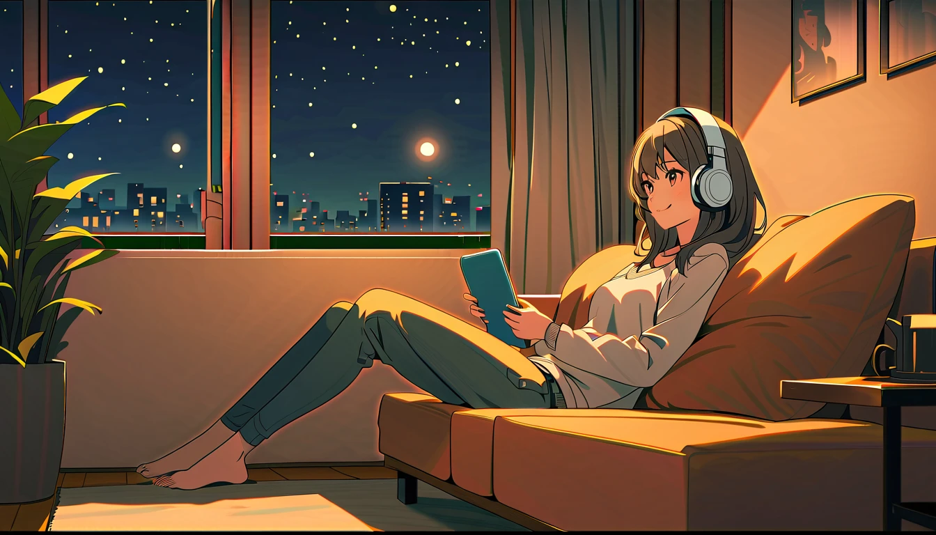 Girl sitting on sofa reading a book,In front of a large window,Night view,Streetscape、headphone