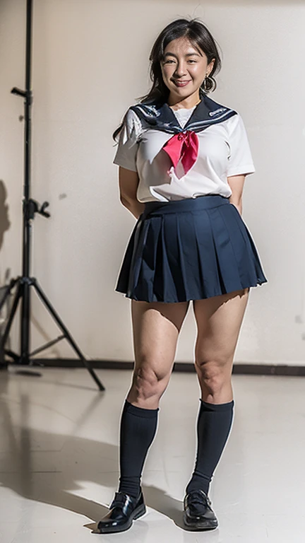  Japanese Milf, white skin,(plump body,Large Breasts, plump thighs:1.5),( Japanese High School Student Uniforms ,Sailor uniform,earrings,Neckerchief, ultra short dark blue pleated micro mini skirt standing in a shooting studio,Short socks, Loafers:1.2),(Standing in a shooting studio, take a picture of the whole body from toe to head,full body, full body portrait ,standing:1.2), Plain, light-colored background,looking at viewer,smile, surrealism, from below, Sony FE, 8k,(JMA, TI)