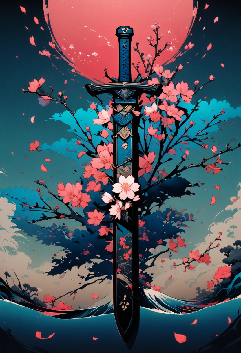 masterpiece, best quality, high detailed, newest,1sword, the sword is entwined with delicate cherry blossom branches. Flower Leaves,Cherry blossom branches, minimalist background, Japanese ink art style, peaceful, flower wrap around the sword handle, sword focus, ink art, no humans, close up, flower pattern handles, flower pattern sword, ocean, intricate detail, elaborates design, cinematic poster, petals, flower petals, no metal,(abstract:0.7)