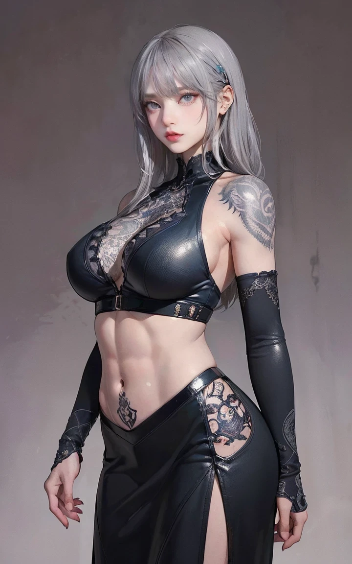 (nsfw:0.9),(Full Body Shot),(Large Breasts),((The abdominal muscles are very pronounced)), ((((Gray Hair))), Detailed portrait of an adult woman in a dark fantasy setting, Bright blue eyes that emanate a sense of danger [Detailed eyes, Bright blue:1.1], [Black Leather Look], adorned with Intricate tattoos all over her body [Intricate tattoos:1.1], He has dragon scales on his arms [Dragon's scale tattoo] ,Enhance the suspenseful atmosphere. The color palette is mostly dark and muted tones ., with hints of Red and purple accents [A dark and muted color palette, Red and purple accents], 神秘性と危険性を感じさせる. The lighting emphasizes the sharp edges and intricate detail of the assassin's attire and tattoos, Add depth and texture to the overall composition [Enhances sharp edges, intricate detail]. The image quality is excellent, with Extreme attention to detail [Best Quality, Extreme attention to detail:1.2], Showcasing the talents of artists&#39;Technical skill and mastery of light and dark. The art style is realistic yet、There is also a fantasy atmosphere.., Capture the essence of the dark and intriguing world of the dungeon & dragon [ adds a touch of fantasy Realistic Art Style ],