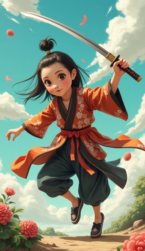 Akai a cute and beautiful boy wearing kimoni and have a sword running 