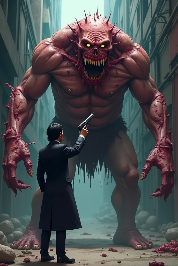 Keeping the details of this monster created above, make this monster trapped inside a cage and the scientist looking scared