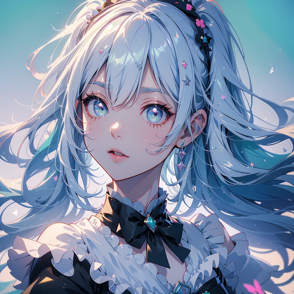  one girl playing pranks、Character design front、Front view、Delicate line hair、(((Super fine、Best Quality、masterpiece)))、original cute hairstyle 、 milk white and blue hair color 、 simple green background、 jet black and magenta original cute costume、 pastel fantasy painting frame 、