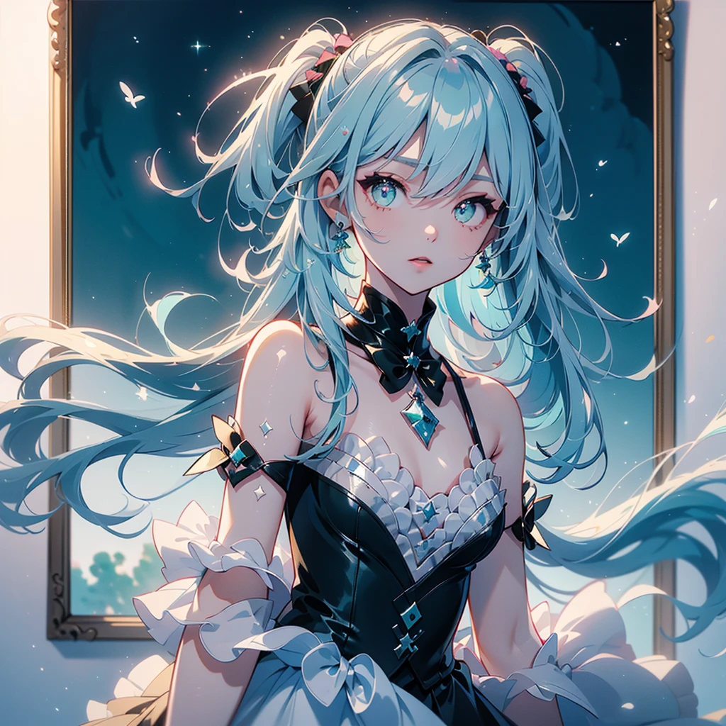  one girl playing pranks、Character design front、Front view、Delicate line hair、(((Super fine、Best Quality、masterpiece)))、original cute hairstyle 、 milk white and blue hair color 、 simple green background、 jet black and magenta original cute costume、 pastel fantasy painting frame 、