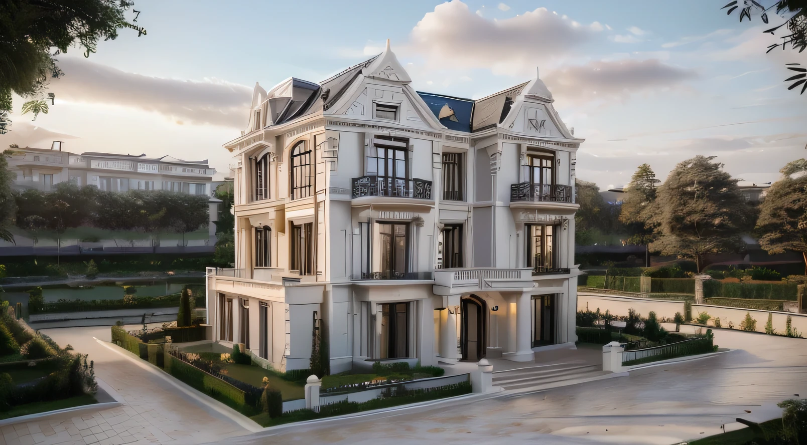 RAW photo, Masterpiece, high quality, best quality, authentic, super detail, exterior, (Louis style villa in the countryside), (white walls: 1.1), dark gray stone base, white painted railings, brown wooden glass windows, garden, landscape, trees, beach grass, ((sunset)), sky, archdaily architecture, (high detailed :1.2), 8k uhd, dslr, soft lighting, high quality, photography (Nikon Z7 với Nikon Z 70-200mm f-2.8 VR S)