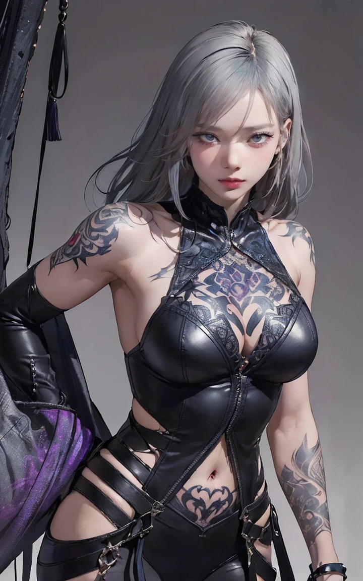 (nsfw:0.9),(Full Body Shot),(Large Breasts),((The abdominal muscles are very pronounced)), ((((Gray Hair))), Detailed portrait of an adult woman in a dark fantasy setting, Bright blue eyes that emanate a sense of danger [Detailed eyes, Bright blue:1.1], [Black Leather Look], adorned with Intricate tattoos all over her body [Intricate tattoos:1.1], He has dragon scales on his arms [Dragon's scale tattoo] ,Enhance the suspenseful atmosphere. The color palette is mostly dark and muted tones ., with hints of Red and purple accents [A dark and muted color palette, Red and purple accents], 神秘性と危険性を感じさせる. The lighting emphasizes the sharp edges and intricate detail of the assassin's attire and tattoos, Add depth and texture to the overall composition [Enhances sharp edges, intricate detail]. The image quality is excellent, with Extreme attention to detail [Best Quality, Extreme attention to detail:1.2], Showcasing the talents of artists&#39;Technical skill and mastery of light and dark. The art style is realistic yet、There is also a fantasy atmosphere.., Capture the essence of the dark and intriguing world of the dungeon & dragon [ adds a touch of fantasy Realistic Art Style ],