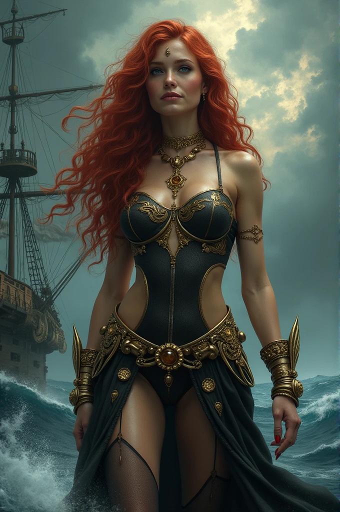 woman minotaur eye patch red hair, Red clothing, with horns, sexy sensual on a pirate ship at sea, fully body