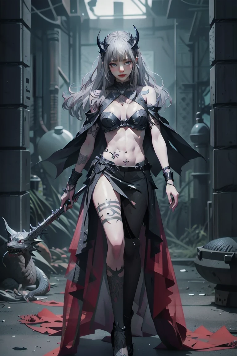 (nsfw:0.9),(Full Body Shot),(Large Breasts),((The abdominal muscles are very pronounced)), ((((Gray Hair))), Detailed portrait of an adult woman in a dark fantasy setting, Bright blue eyes that emanate a sense of danger [Detailed eyes, Bright blue:1.1], [Black Leather Look], adorned with Intricate tattoos all over her body [Intricate tattoos:1.1], He has dragon scales on his arms [Dragonの鱗のタトゥー] ,Enhance the suspenseful atmosphere. The color palette is mainly dark and muted.., with hints of Red and purple accents [A dark and muted color palette, Red and purple accents], Gives a sense of mystery and danger. The lighting emphasizes the sharp edges and Intricate details of the assassin's attire and tattoos, Add depth and texture to the overall composition [Enhances sharp edges, Intricate details]. The image quality is excellent, with Extreme attention to detail [Best Quality, Extreme attention to detail:1.2], Showcasing the talents of artists&#39;Technical skill and mastery of light and dark. The art style is realistic yet、There is also a fantasy atmosphere.., Capture the essence of the dark and intriguing world of the dungeon & Dragon [Realistic art style with a touch of fantasy],