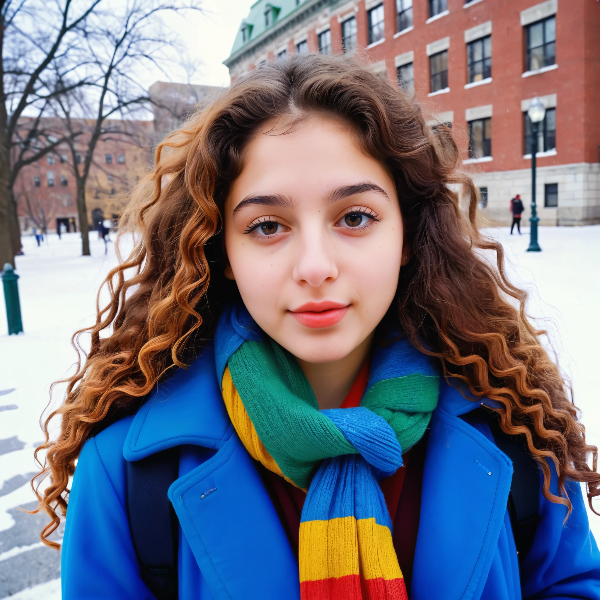 (indistinguishable from reality:1.4), 1girl, selfie, An half portrait of a beautiful 25 y.o New York Italian college student, (detailed facial features), (freckles:0.2), (acne:0.1), long thick luxurious curly hair, beautiful Jewish nose, shy smile, walking on University campus, winter, snowfall, ultra detailed texture winter coat, bright primary colors, Nikon FM2, 35mm SLR