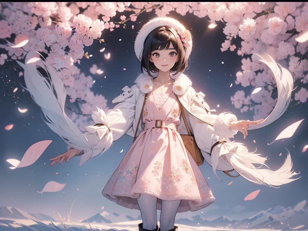 Best Quality, Official Art, masterpiece,(1 person:2.0), Neutral Men's ,( flat chest:1.3),(7 heads), Black Hair ,(Bob Cut Hair),(light pink knitted sweater),(Floral flared skirt:1.2),(duffle coat with white fur:1.3),(pantyhose), SHORT BOOTS WITH FUR , big smiles at handshake event 