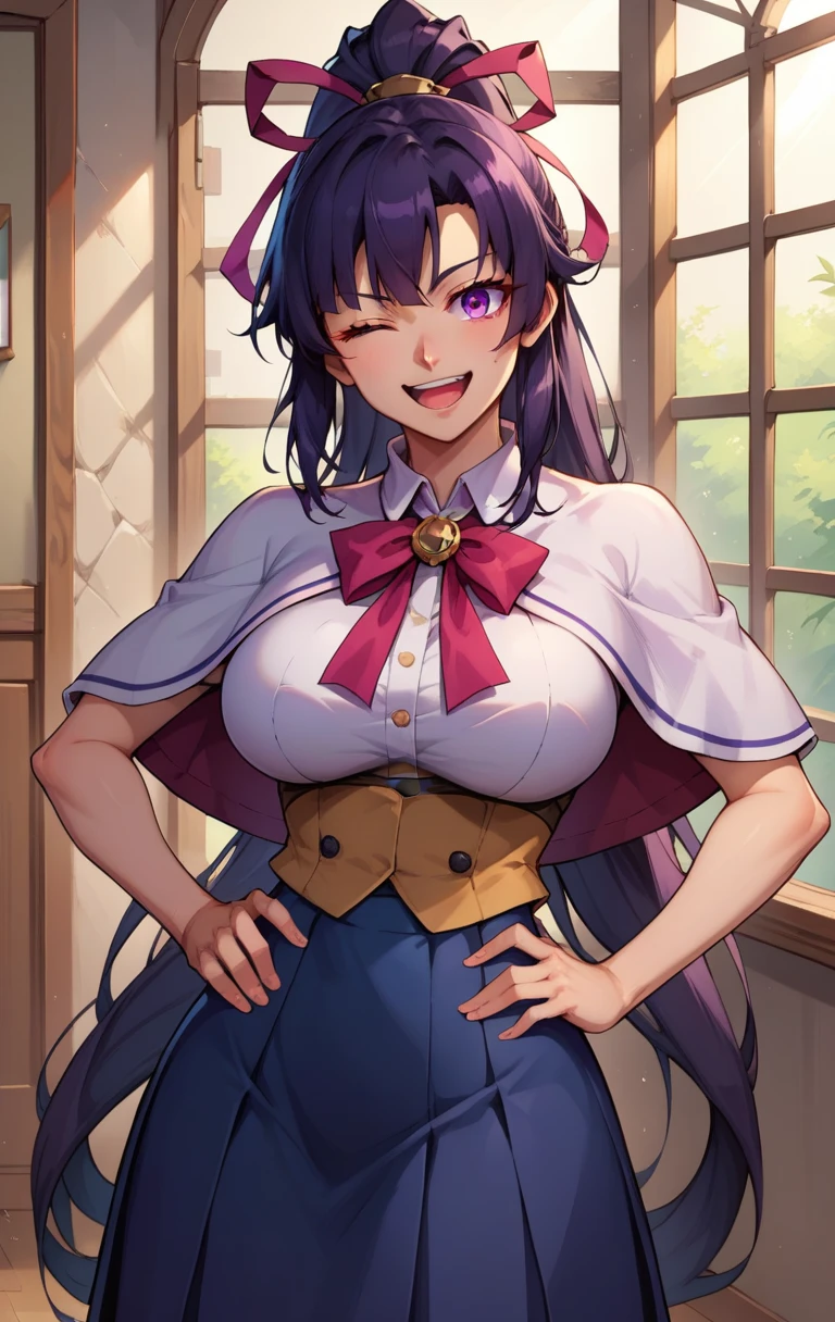 score_9, score_8_up, score_7_up, score_9, BREAK akenohimejimaSDXL, dressed like a teacher, 1girl, solo, long hair, breasts, looking at viewer, smile, open mouth, large breasts, black hair, ribbon, very long hair, , purple eyes, hair ribbon, ponytail, one eye closed, hand on hip, capelet, ;d, index finger raised, himejima akeno, cowboy shot, room background,