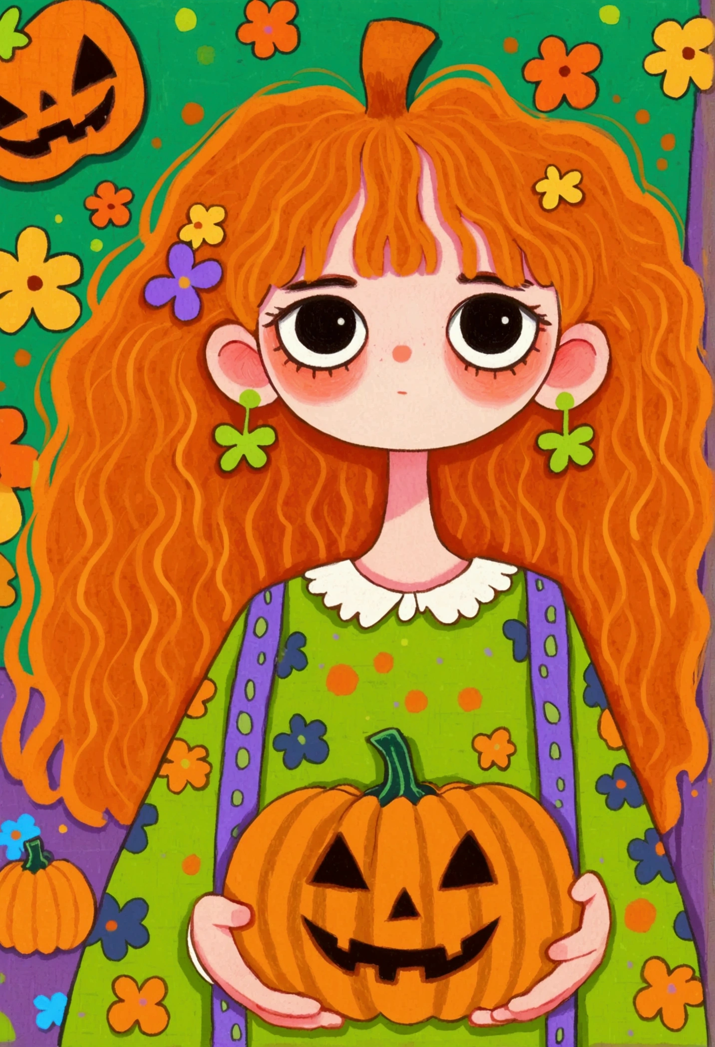 painting of a girl ,  pumpkins and green background，  Halloween art style, Change, 🍁  cute, Hand drawn cartoon style, 🍂  cute,  colorful illustration , Pumpkin Head,  detailed fan art , 2d illustration, 2d illustration, Lo-Fi Girl, Orange Head,  cute detailed artwork