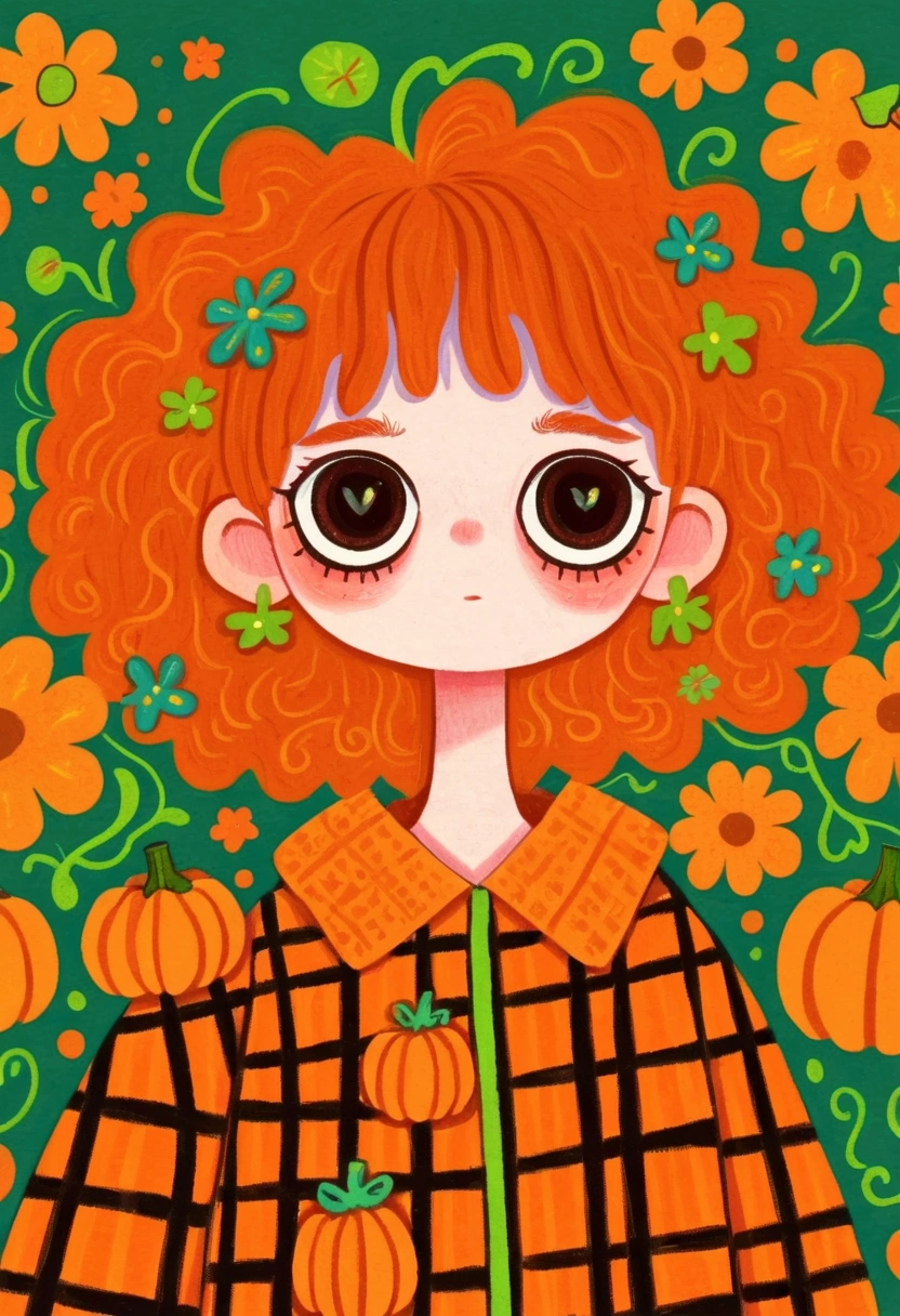 painting of a girl ,  pumpkins and green background，  Halloween art style, Change, 🍁  cute, Hand drawn cartoon style, 🍂  cute,  colorful illustration , Pumpkin Head,  detailed fan art , 2d illustration, 2d illustration, Lo-Fi Girl, Orange Head,  cute detailed artwork