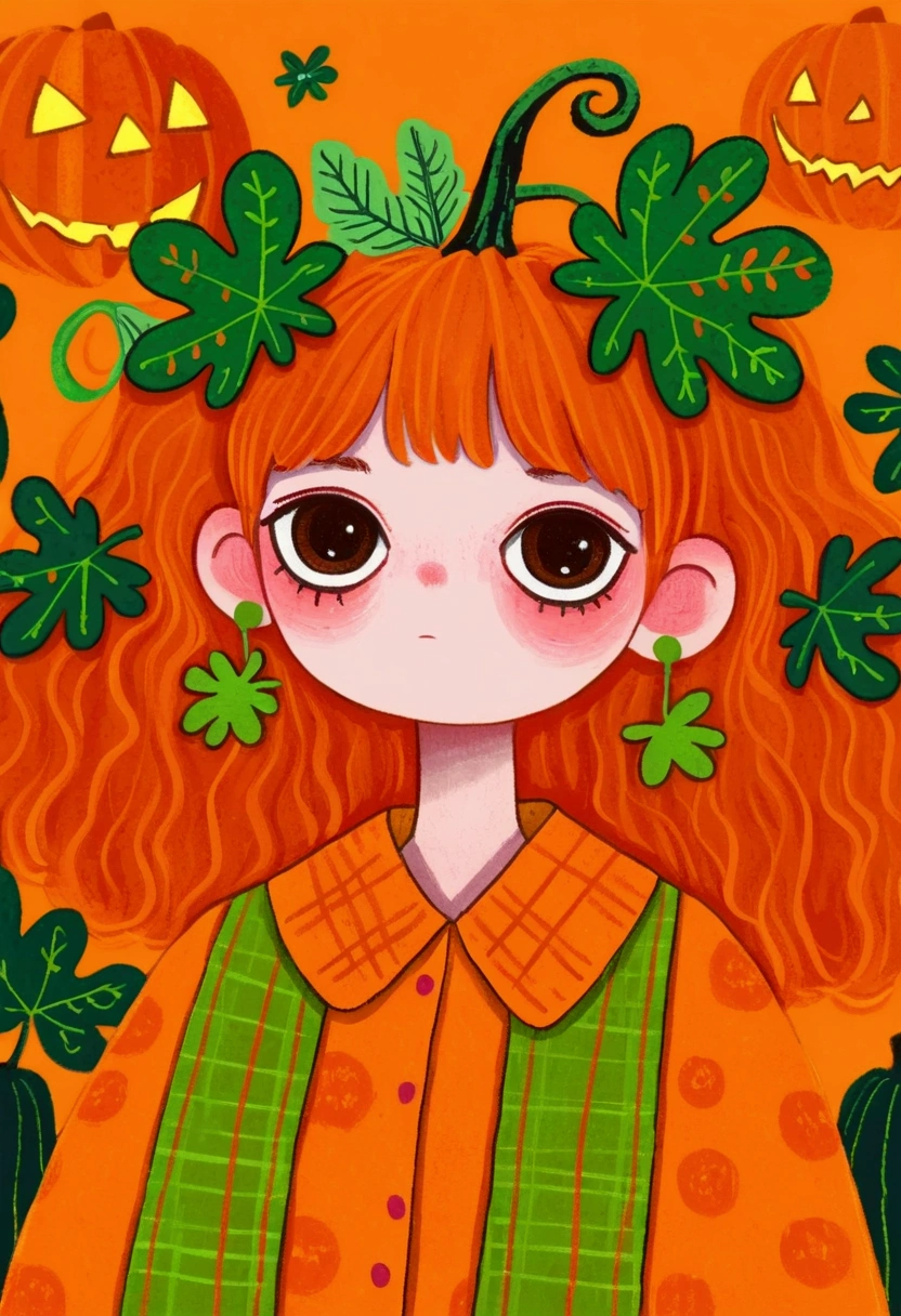 painting of a girl ,  pumpkins and green background，  Halloween art style, Change, 🍁  cute, Hand drawn cartoon style, 🍂  cute,  colorful illustration , Pumpkin Head,  detailed fan art , 2d illustration, 2d illustration, Lo-Fi Girl, Orange Head,  cute detailed artwork