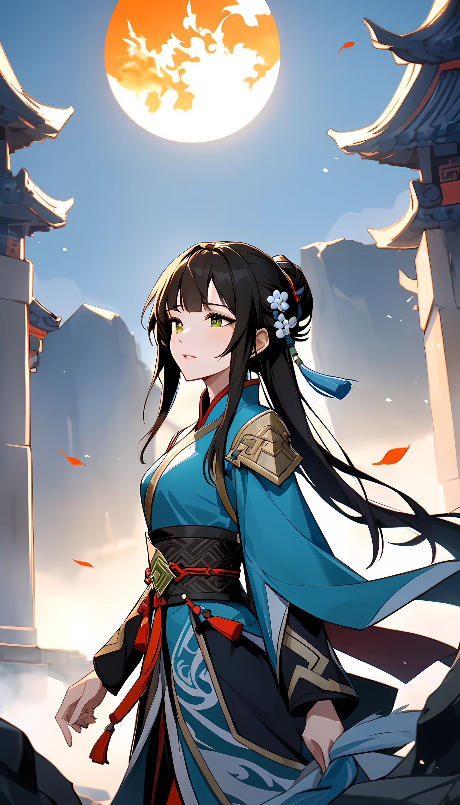 Best Quality、masterpiece、 ultra high resolution 、Sun Shangxiang、（The Sun-Shang-Xiang ）、Three Kingdoms、 location is designed based on Shu and Kure 、woman、 design based on red and green、Yangtze、Battle of Yiling 、tears、tragedy、Closing image