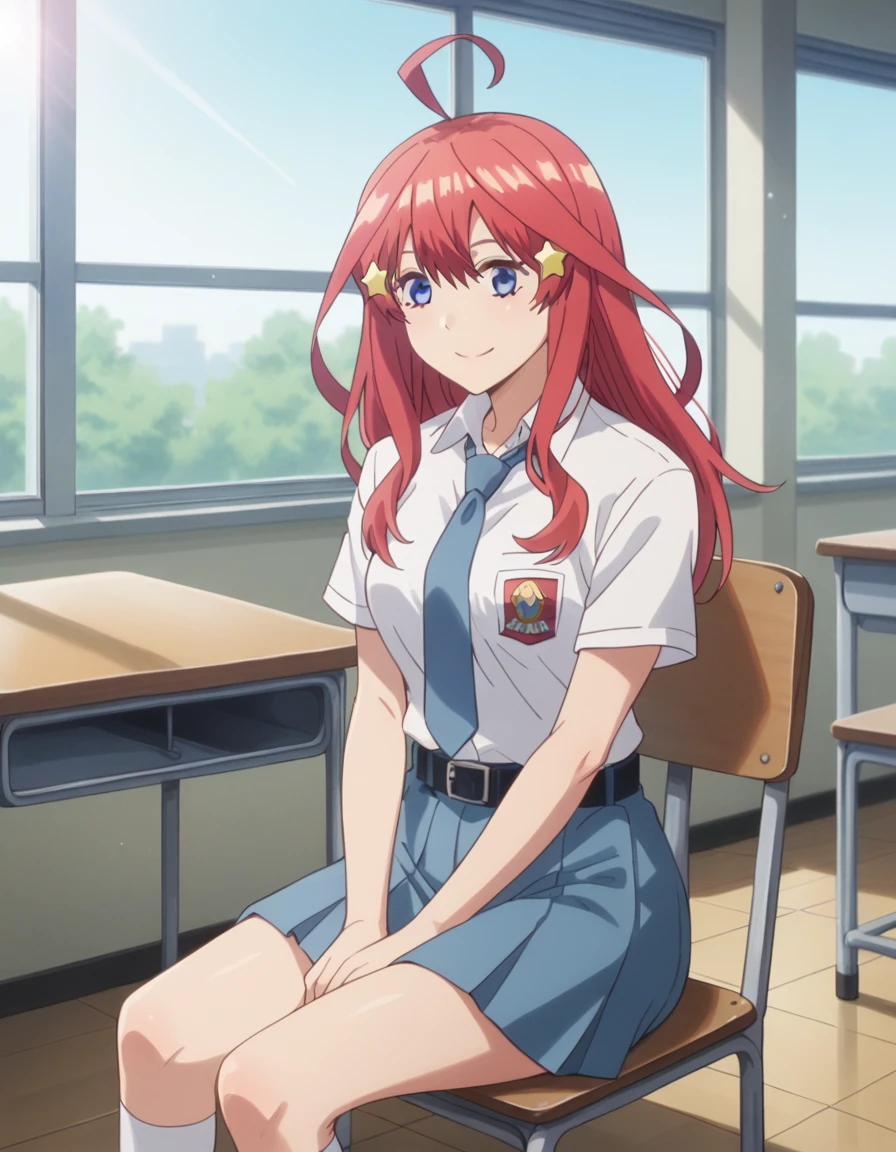  score_9,  score_8_up,  score_7_up, Alone, 1 girl,itsuki nakano, bangs,  blue eyes,  hair between eyes , Ahoge, Red Hair, star \(symbol\),  hair ornament , star  hair ornament , clavicle,  medium chest, tucked in sma shirt, sma necktie, sma belt, sma skirt, sma shirt, sma skirt, In the classroom,  window , chair, Table Thighs,  watching viewers , smile, sunlight, sit on chair, socks, 手が太ももの間にある,  anime screen clap with hands between thighs, Dutch Shot