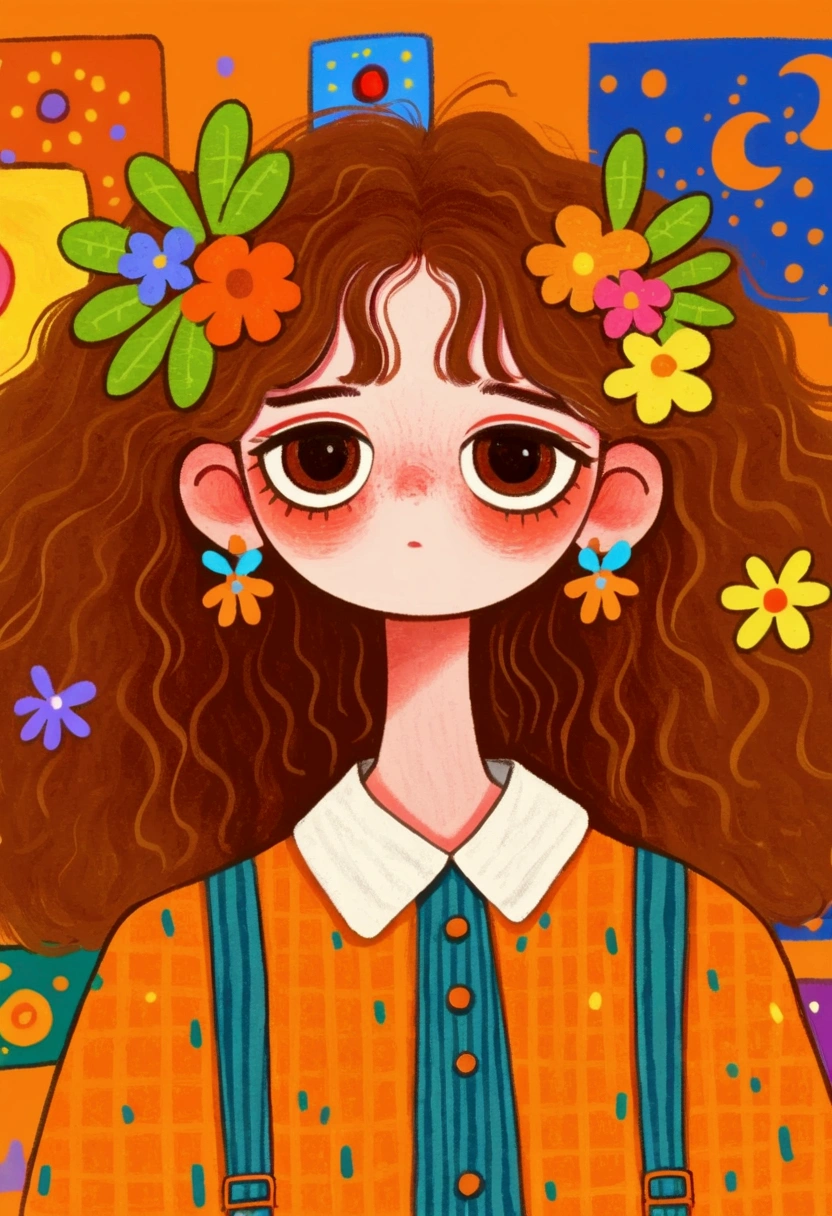 A painting：  cute, Hand drawn cartoon style, 🍂  cute,  colorful illustration , white collar,  detailed fan art , 2d illustration, 2d illustration, Lo-Fi Girl, Orange Head,  cute detailed artwork