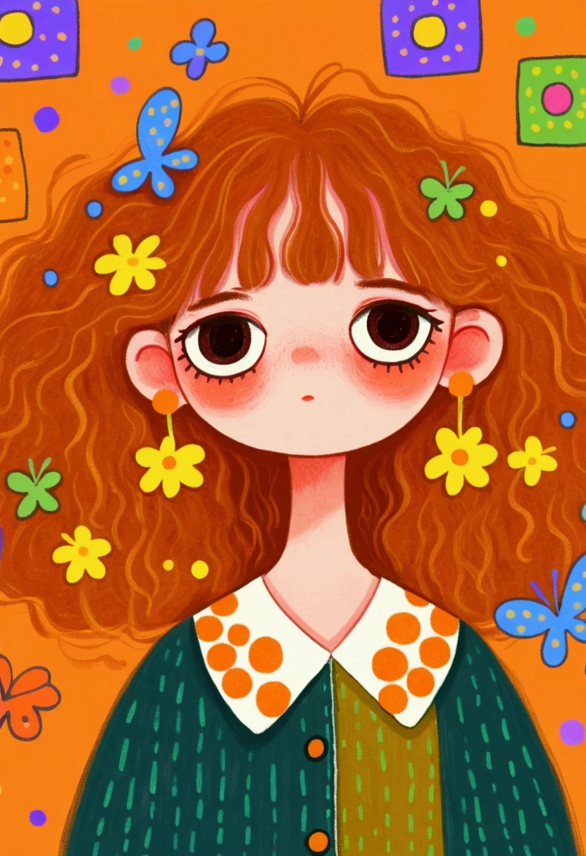 A painting：  cute, Hand drawn cartoon style, 🍂  cute,  colorful illustration , white collar,  detailed fan art , 2d illustration, 2d illustration, Lo-Fi Girl, Orange Head,  cute detailed artwork