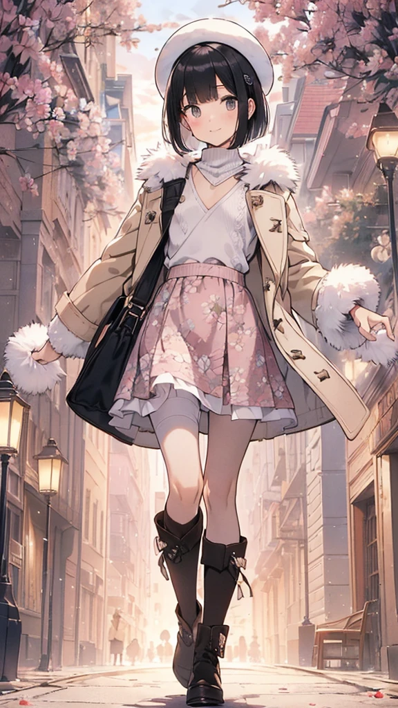 Best Quality, Official Art, masterpiece,(1 person:2.0), Neutral Men's ,( flat chest:1.3),(7 heads), Black Hair ,(Bob Cut Hair),(light pink knitted sweater),(Floral flared skirt:1.2),(duffle coat with white fur:1.3),(pantyhose), SHORT BOOTS WITH FUR , big smiles at handshake event 