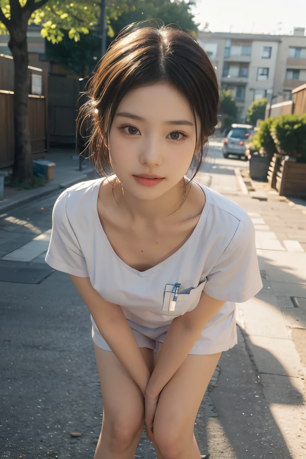 ( ulzzang-6500-v1.1, masterpiece, Best Quality:1.3,  Super High Detail 8k :1.2, hyper-realistic:1.35,  original photo:1.2, Best Quality,  High Resolution , wallpaper, realistic, dramatic,   Halfway Realistic Painting Art:1.3,  1 Nurse , [28 years old,  Pink Nurse , 白色緊身Nurse服，Nurse:1.3,  Hospital Walk  , Super beautiful, beautiful skin,  Detailed Eyes , Symmetrical Face , double eyelids,  Beautiful and Delicate Eyes ,  Friendly Friendly Smile ,  Beautiful Glossy Lips ,  Wrong Teeth ,  Super Short Bobhead ,  Chest Strengthening , Full raised breasts, Emphasize body lines, Model figure， Perfect Style , Full body photo:The Perfect Number ，cowboy_shooting, Scenery background, Early morning dawn,  Natural soft light )