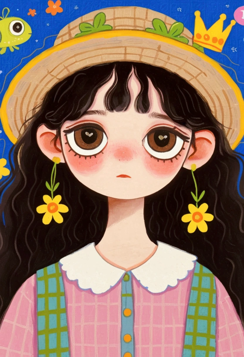 A painting，Pastel Art，Low Fidelity：cute girl with fisherman hat， big eyes，Princess Dress，white collar