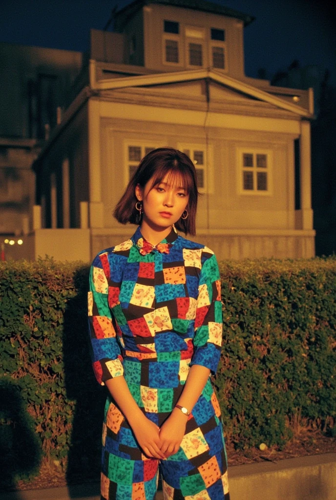 Gorgeous ginger-haired Asian woman with freckles. 32 years old, wearing colorful and vibrant bohemian patchwork clothing based on blue and green. (Patchwork clothing), a woman with a femme fatale vibe, beautiful face typical of East Asian women, delicate skin depiction, delicate costume depiction, elegant and understated makeup, medium full shot. Night. In front of a colorful Greek house. Premonition of a wonderful night's events on the journey to the viewer.