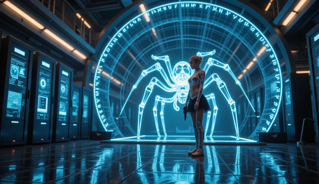 GJGJAA,figure costume in the shape of neon skull glass,(Wide and high angle view from first floor). At dark night, in a sci-fi conceptual transparent dome-shape multi-storey AI Research Center with IC-like glass floor, an incomplete holographic side-view giant spider in the background, fractal, flickering into existence, not fully formed, futuristic simple blue outlined computer servers are arranged in centric form, connected to the vibrant spider legs, a huge spider web with flashing lights is on the wall in the background, natural lights are from the top of the screen. Floating high-resolution OLED GUI interfaces, transparent data visualization infographics, very close-up:2.0 Matrix style glowing cascading code. At night, (1 robotic woman with mechanical arms, solo, alone), photorealistic, large-breast slim:0.6 body, (pale  face illuminated by strong:2.0 artificial light, strong lighting on her face), self-illuminated hair band, cleavage:1.1, half-transparent black tulle miniskirt, glove, G-string panty, self-illuminated rainbow skeleton clothes, (Matrix style black micro sunglasses), (aiming the viewer with an short gun), standing to the left of the screen in the foreground, (((very close-up:2.0 shot of front view half-body thigh level in the foreground, illuminated by strong:2.0 artificial light))), cinematic lighting, ray tracing.