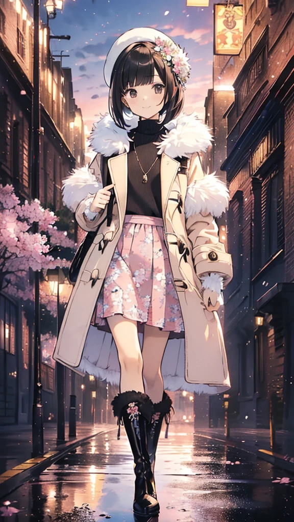 Best Quality, Official Art, masterpiece,(1 person:2.0), Neutral Men's ,( flat chest:1.3),(7 heads), Black Hair ,(Bob Cut Hair),(light pink knitted sweater),(Floral flared skirt:1.2),(duffle coat with white fur:1.3),(pantyhose), SHORT BOOTS WITH FUR , big smiles at handshake event 