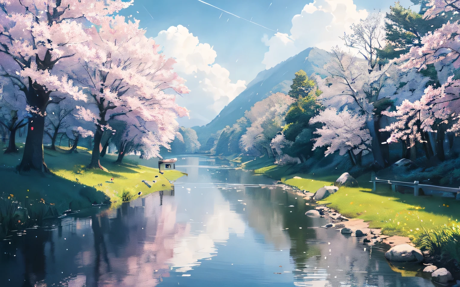  panorama,  panoramaショット, scenery, (Shine:1.2),Clear water, Sparkling Water,  overgrown flowers , Wet road, Firefly, Shine Firefly, noon, Shine clouds, Flower Tree, cherry blossoms, forest, 4K, 8k, (masterpiece, 最 high quality,  high resolution on down,  high quality,  high quality),  Particles of light,  null, In the water,  big moon , Summer Rain.  isometric view , Ray Tracing Reflections,  Depth of Field  