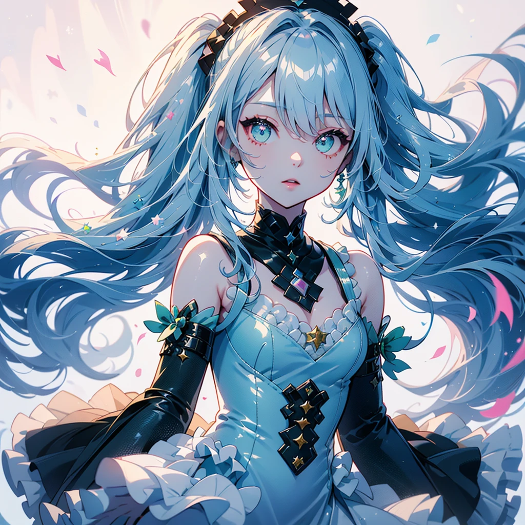  one girl playing pranks、Character design front、Front view、Delicate line hair、(((Super fine、Best Quality、masterpiece)))、original cute hairstyle 、 milk white and blue hair color 、 simple green background、 jet black and magenta original cute costume、 pastel fantasy painting frame 、