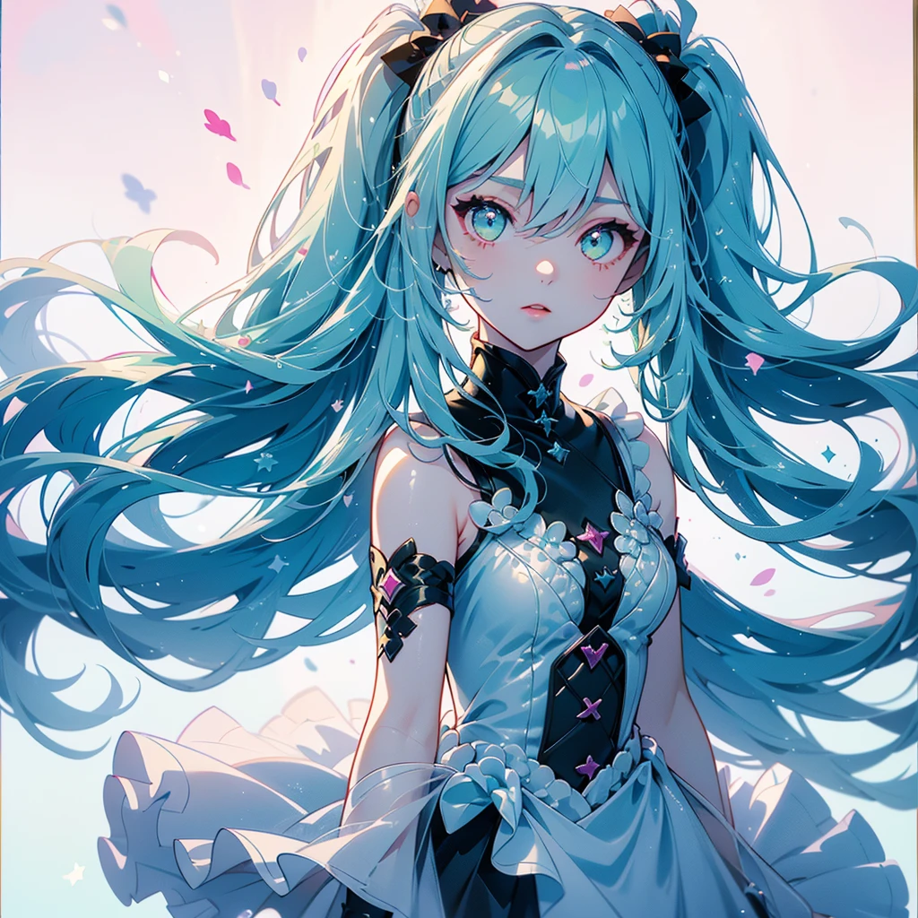  one girl playing pranks、Character design front、Front view、Delicate line hair、(((Super fine、Best Quality、masterpiece)))、original cute hairstyle 、 milk white and blue hair color 、 simple green background、 jet black and magenta original cute costume、 pastel fantasy painting frame 、