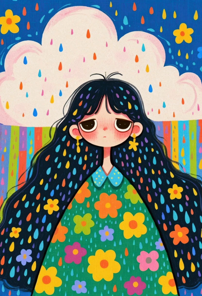   A painting depicting a girl with long hair,  Hand drawn cartoon style,  2 d gouache illustration ,  colorful illustration , Cartoon cute ,  cute illustration：Sad girl ，A cloud，Colorful rain。