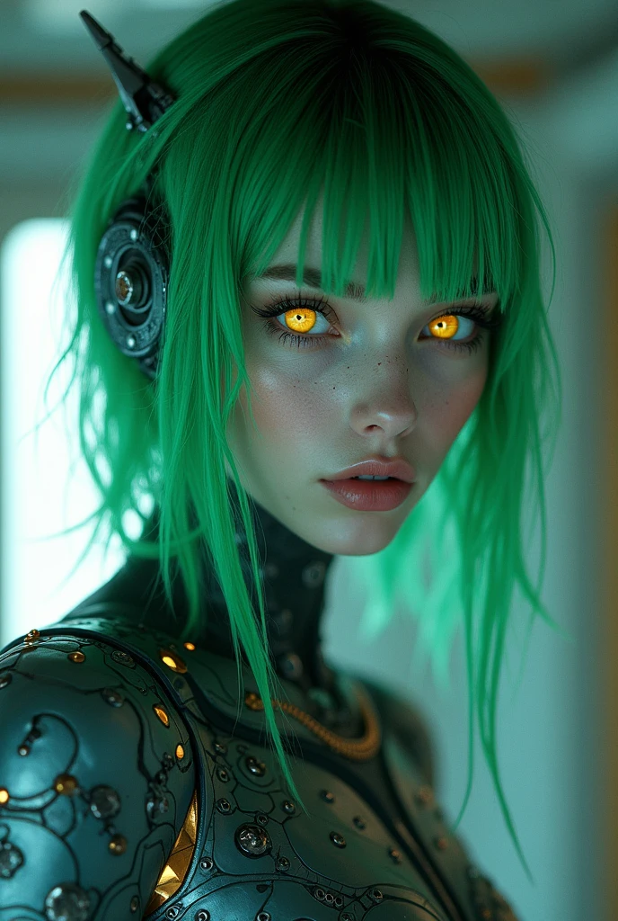 Masterpiece of sci-fi cinematic scenes, closeup upper body of a beauty alien girl, green long hair, yellow eyes, with blue skin, blending of elegant and mystery face looks, extremely detail, wear Cybernetics robot mirror reflections armor gears full body, like high general, in hi tech spaceship, kodak vision3 250d, photorealistic 