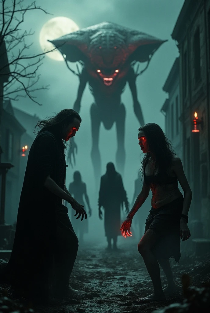 Dark fantasy art with a sense of reality,Horror fantasy Weta Studio concept art,Realistic fantasy painting inspired by surrealism,Depicts an Arad woman sitting in front of a creepy creature,The table in the darkroom plunged into thick darkness,The result is a captivating work of fantasy and horror。