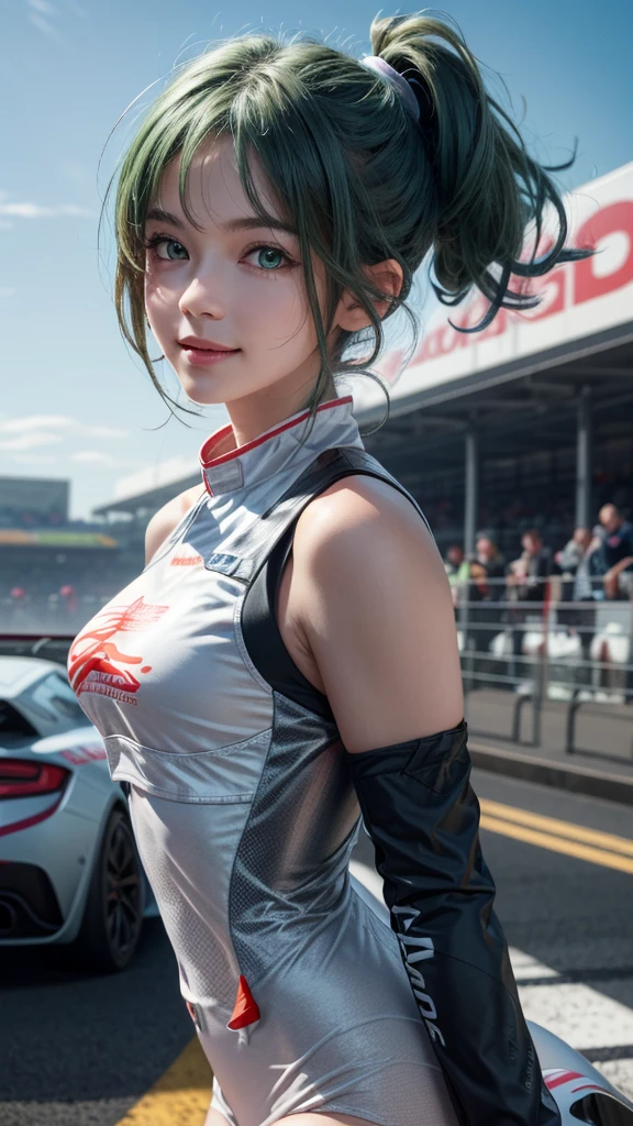 1girl,upper body,(masterpiece, best quality),RAW photo,16k wallpaper,extremely detailed CG,amazing,ultra detailed,hyperrealistic,official art,High quality texture,incredibly absurdres,highres,,cute girl,beautiful face,detailed large green eyes,short hair,racing2014,looking_at_viewer,standing,outdoors,smile,day,simple background,blue sky,sky,racing circuit,close-up,racing car,