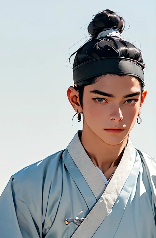 (absurdres, highres, masterpiece, best quality, ultra-realistic,ultra-detailed,(beautiful detailed face and eyes and hair:1.1),handsome,mature,muscular,black hair,slant eyes,datailed face,topknot,see-through headband,white hanbok,little sad,upper body, blue background