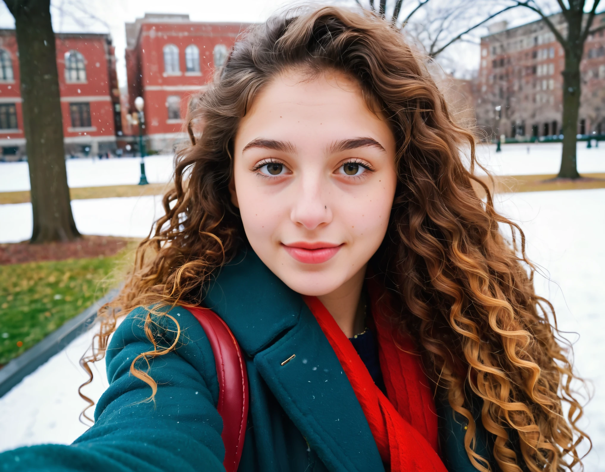 (indistinguishable from reality:1.4), 1girl, selfie, An half portrait of a beautiful 25 y.o New York Italian college student, (detailed facial features), (freckles:0.2), (acne:0.1), long thick luxurious curly hair, beautiful Jewish nose, shy smile, walking on University campus, winter, snowfall, ultra detailed texture winter coat, bright primary colors, Nikon FM2, 35mm SLR