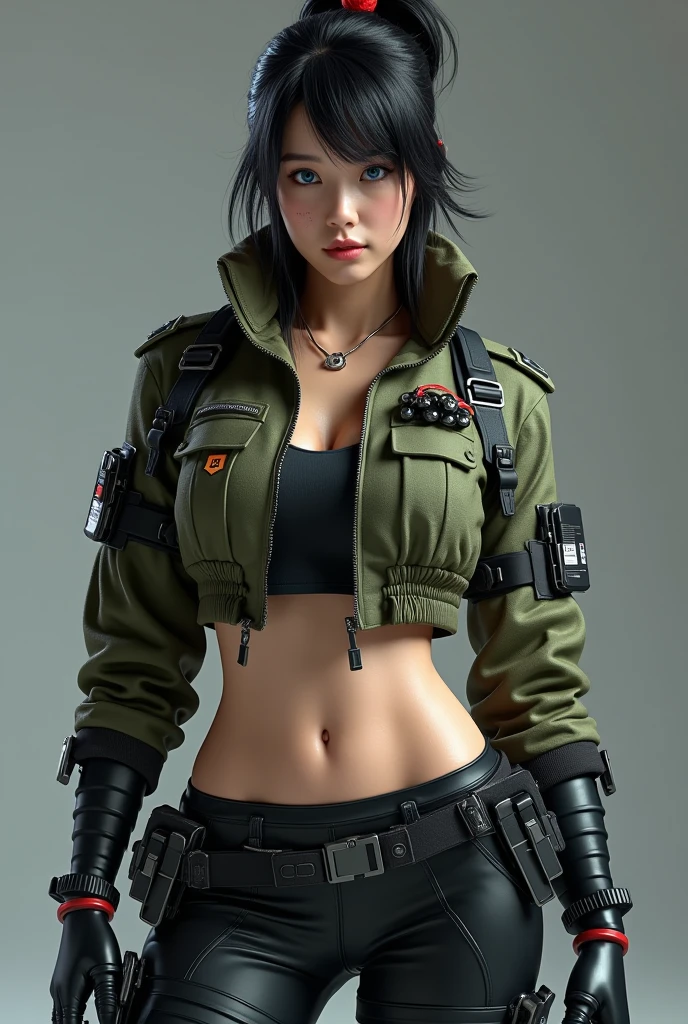Create a hyper-realistic 3D rendering of a futuristic female soldier character. She should have striking Asian features with intense blue eyes and a confident expression. Her jet-black hair should be styled in an elaborate updo with a red hair tie, loose strands framing her face. Dress her in a cropped military jacket in olive green with black and red accents. The jacket should feature multiple straps, patches, and tech-inspired details. Pair this with form-fitting black pants and a utility belt with various pouches and gadgets. Add intricate details like a small tattoo on her midriff, black stud earrings, and arm guards. Her skin should have a slight sheen, emphasizing the 3D quality. Use dramatic lighting to create depth and highlight the textures of her outfit and skin. The background should be a gradient of cool greys, focusing attention on the character. Employ advanced 3D rendering techniques to achieve photorealistic textures, especially in the fabric of her clothing and the shine of the metallic elements. The overall aesthetic should blend military practicality with futuristic sci-fi elements, creating a compelling and dynamic character design.