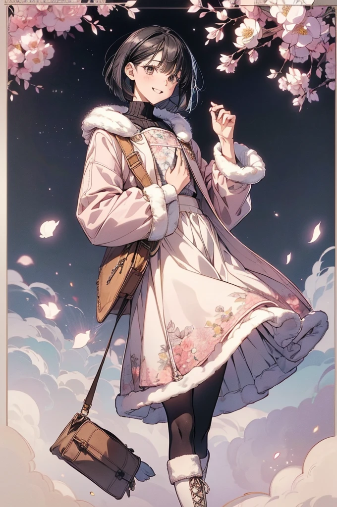 Best Quality, Official Art, masterpiece,(1 person:2.0), Neutral Men's ,( flat chest:1.3),(7 heads), Black Hair ,(Bob Cut Hair),(light pink knitted sweater),(Floral flared skirt:1.2),(duffle coat with white fur:1.3),(pantyhose), SHORT BOOTS WITH FUR , big smiles at handshake event , soft writing