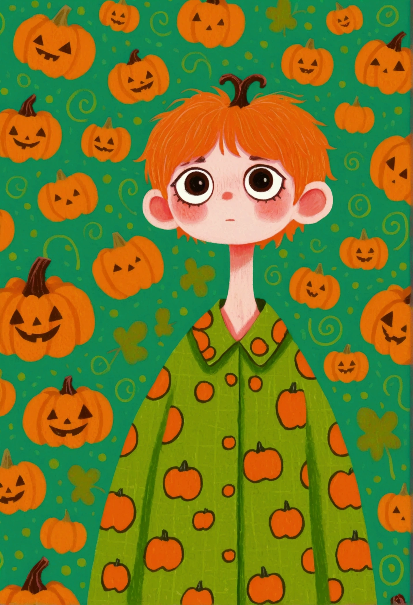 painting of a boy ,  pumpkins and green background，  Halloween art style, Change, 🍁  cute, Hand drawn cartoon style, 🍂  cute,  colorful illustration , Pumpkin Head, 2d illustration, 2d illustration, Low Fidelity, Orange Head, 