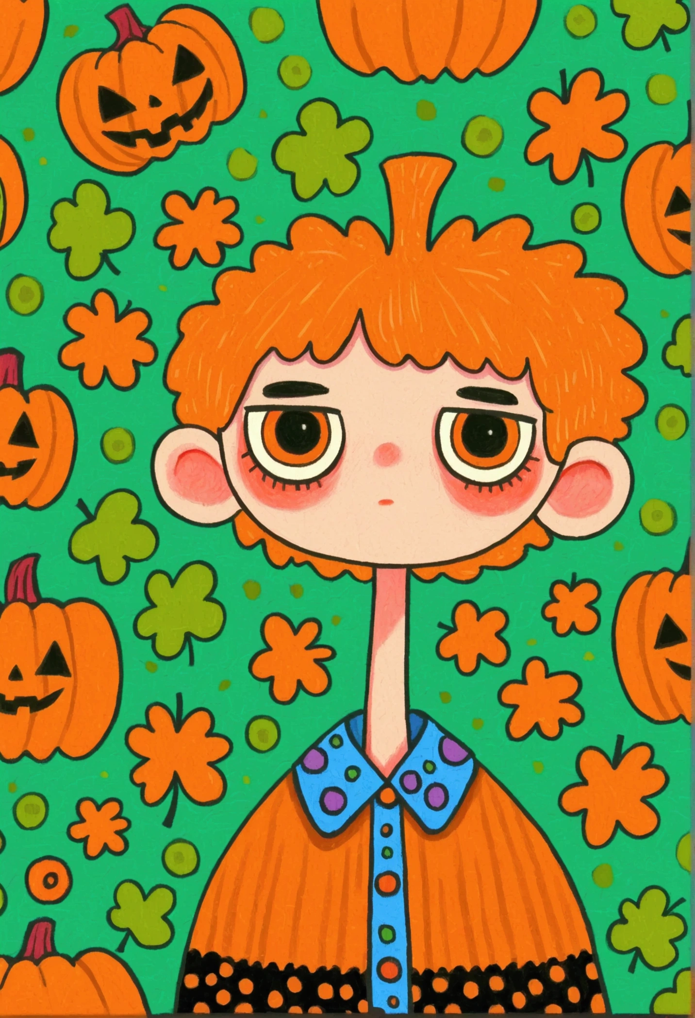 painting of a boy ,  pumpkins and green background，  Halloween art style, Change, 🍁  cute, Hand drawn cartoon style, 🍂  cute,  colorful illustration , Pumpkin Head, 2d illustration, 2d illustration, Low Fidelity, Orange Head, 