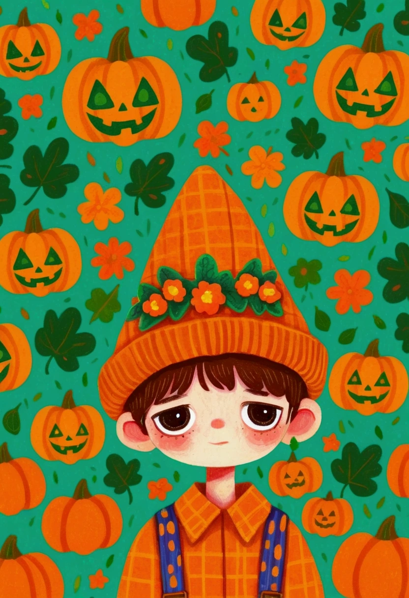 painting of a boy ,  pumpkins and green background，  Halloween art style, Change, 🍁  cute, Hand drawn cartoon style, 🍂  cute,  colorful illustration , Pumpkin Head, 2d illustration, 2d illustration, Low Fidelity, Orange Head, 