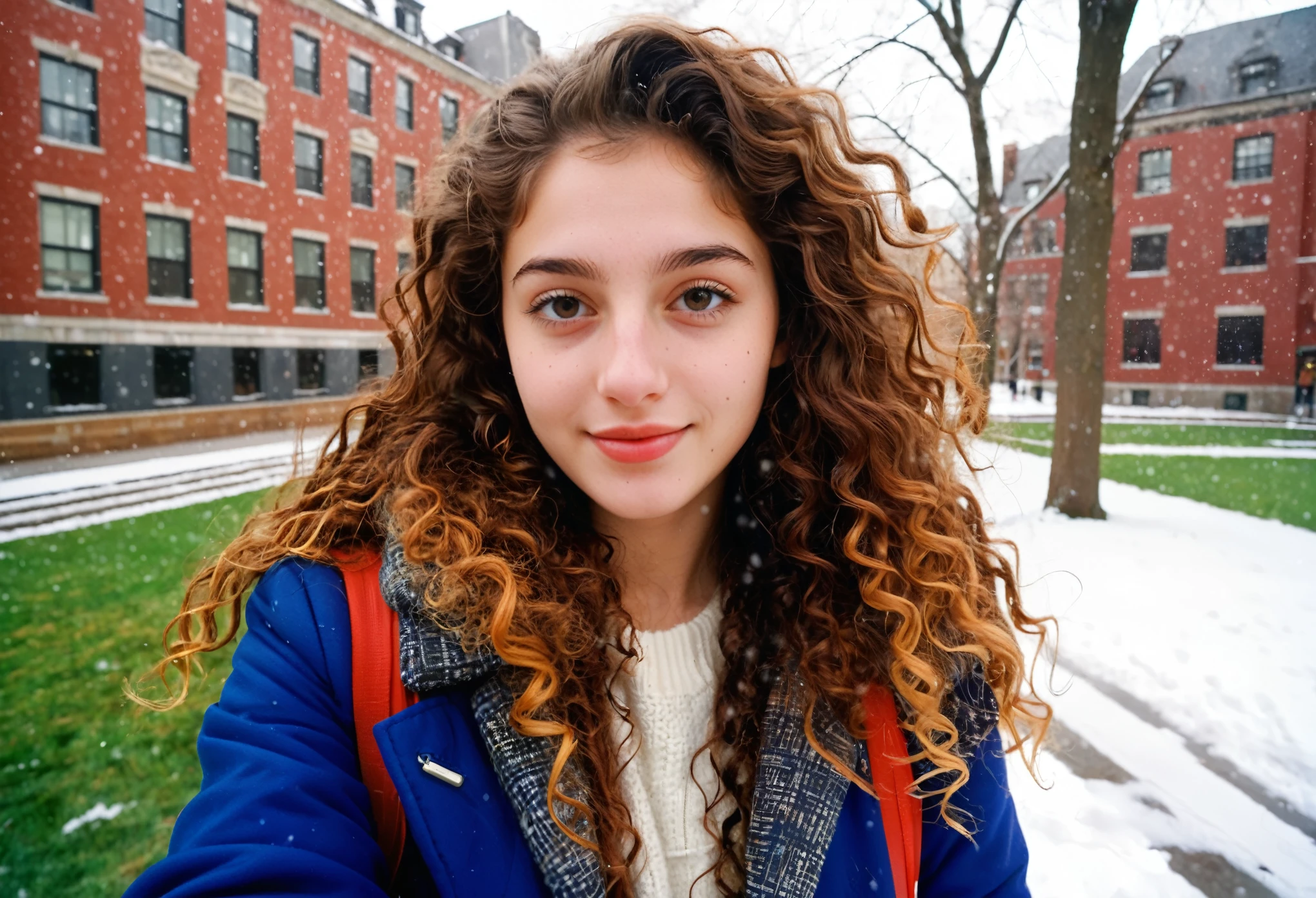 (indistinguishable from reality:1.4), 1girl, selfie, An half portrait of a beautiful 25 y.o New York Italian college student, (detailed facial features), (freckles:0.2), (acne:0.1), long thick luxurious curly hair, beautiful Jewish nose, shy smile, walking on University campus, winter, snowfall, ultra detailed texture winter coat, bright primary colors, Nikon FM2, 35mm SLR