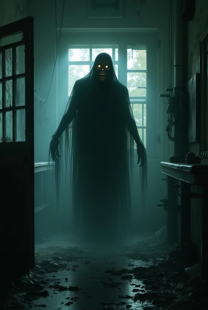 A terrifying scene inside an ancient, decaying mansion with broken windows, cracked walls, and flickering candlelight. In the center, a horrifying demon with glowing red eyes and sharp fangs lurks in the shadows. The demon's twisted, emaciated body is covered in tattered robes, and its long, clawed fingers reach out menacingly. The atmosphere is filled with a sense of dread, with cobwebs hanging from the ceiling and eerie, unnatural mist swirling around the demon. The overall mood is dark and foreboding, capturing the essence of classic horror., Surrealism, Realism, cinematic lighting, drop shadow, blurry, move chart, UHD, high details, best quality, award winning