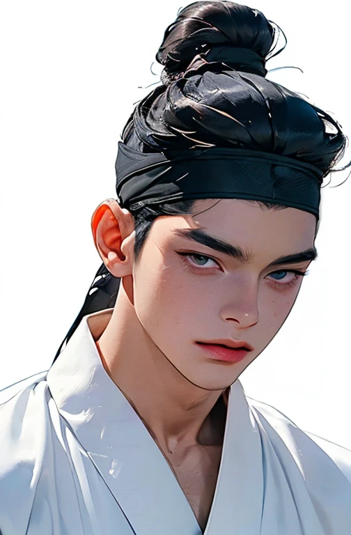 (absurdres, highres, masterpiece, best quality, ultra-realistic,ultra-detailed,(beautiful detailed face and eyes and hair:1.1),handsome,mature,muscular,black hair,slant eyes,datailed face,topknot,see-through headband,white hanbok,little sad,upper body, blue background