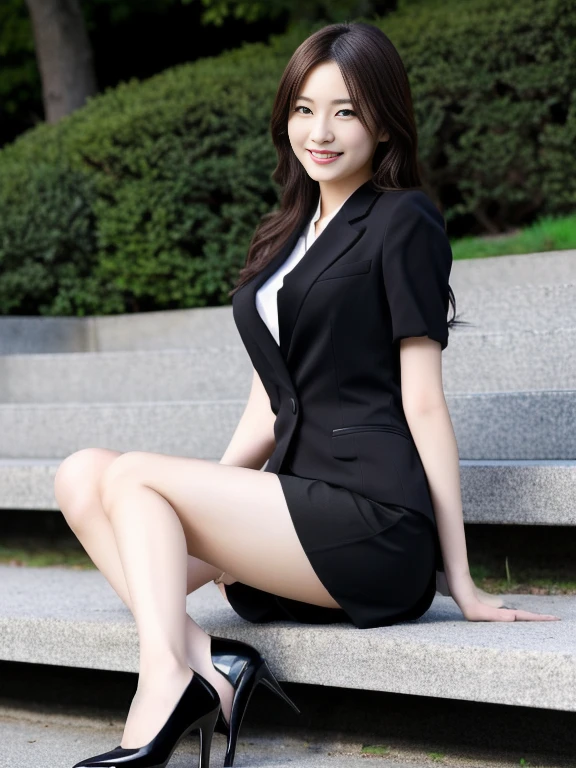 8K,  highest resolution , Wore a strict black business suit , A Japanese woman is standing, Full body leg shot ,  full-body image of a Japanese woman in an empty park ,  wearing a strict black business suit, Black short tight skirt,  I'm wearing black ankle strap pumps,  highly detailed face,  beautiful face, Smiling, A Japanese woman with a clean face, The eyes of the audience , Pretty round pretty eyes ,  thin thighs, Thin legs, very detailed hands, Hands clasped behind back