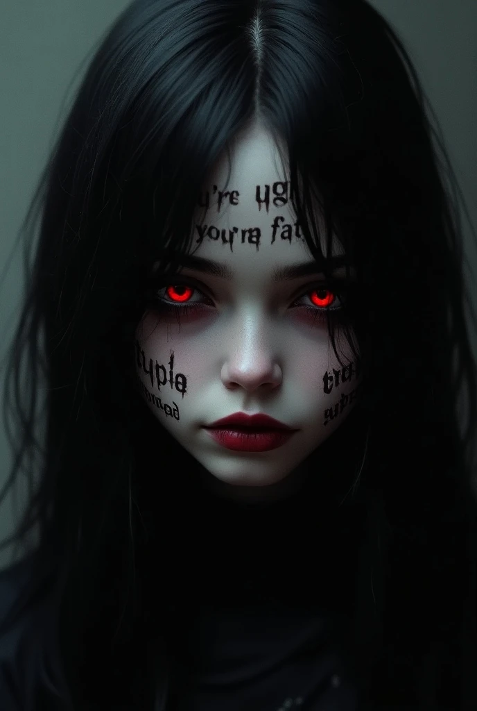 babygirl beautiful pale goth girl, long black and red emo hair, dark emo makeup, red eyes, she’s wearing a purple hateful words on her face saying you’re ugly. You’re fat stupid unwanted.