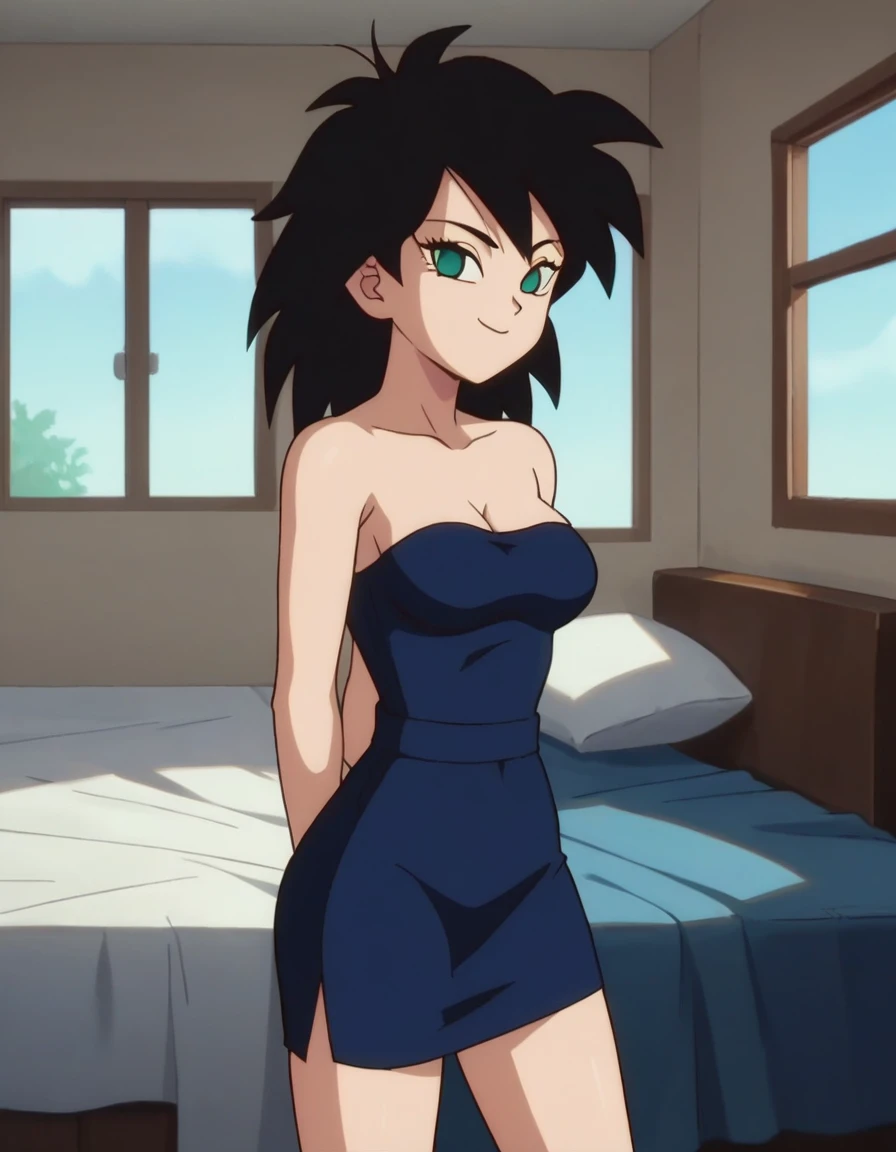 source_anime, score_9, score_8_up, score_7_up, anime screencap, absurd res, official style, gine, 1girl, solo, black hair, green eyes, closed mouth, bare shoulders, medium breast, a seductive smile, mouth closed, smile, apartment room, bed, window, bare shoulders, medium breasts, closed mouth, standing, a strapless blue tube dress, blue pencil skirt, looking at viewers, cowboy shot, smile, hands behind back, score 9, score 8 up, score 7 up,