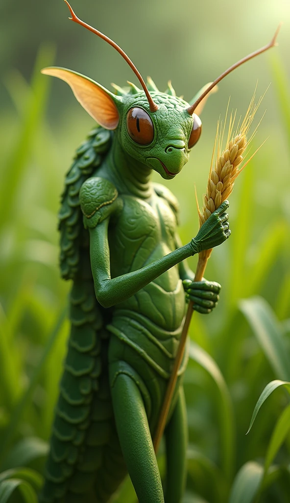 an alien god as a farmer in a small farming village holding a pitchfork, crops in the background, realistic <lora:sdxl:.8>